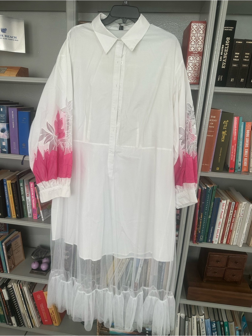 White Sheer Long Shirt Dress with Pink Floral Sleeves